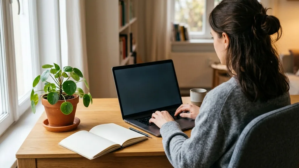 Over-the-shoulder view of a person typing on a laptop at a tidy home-office desk with a plant