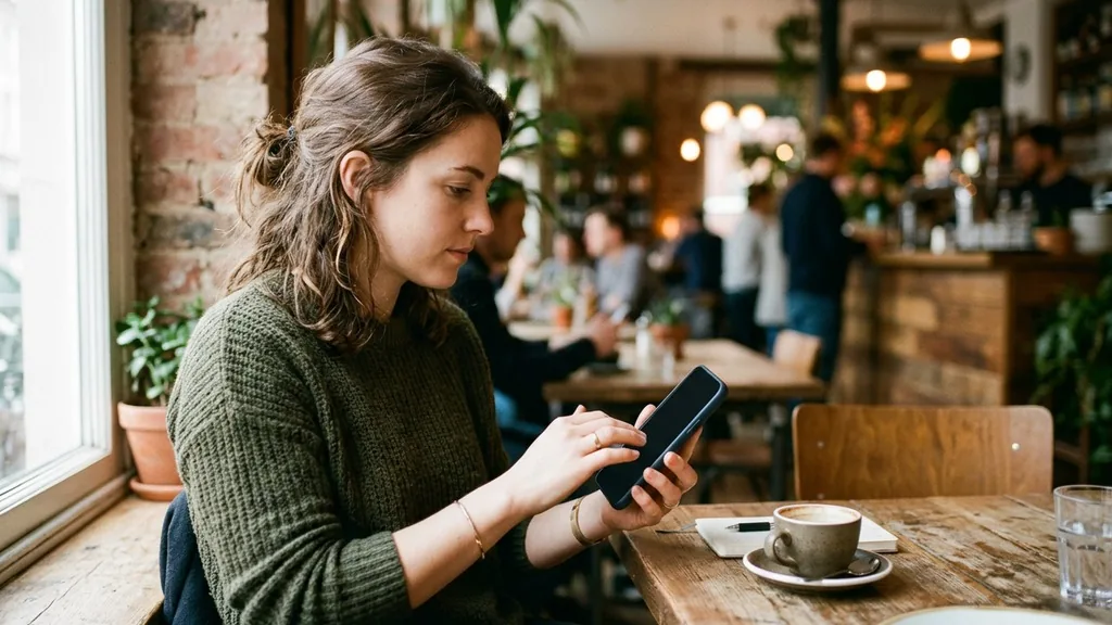 Person searching on a smartphone at a cafe table with shallow depth of field and natural window light