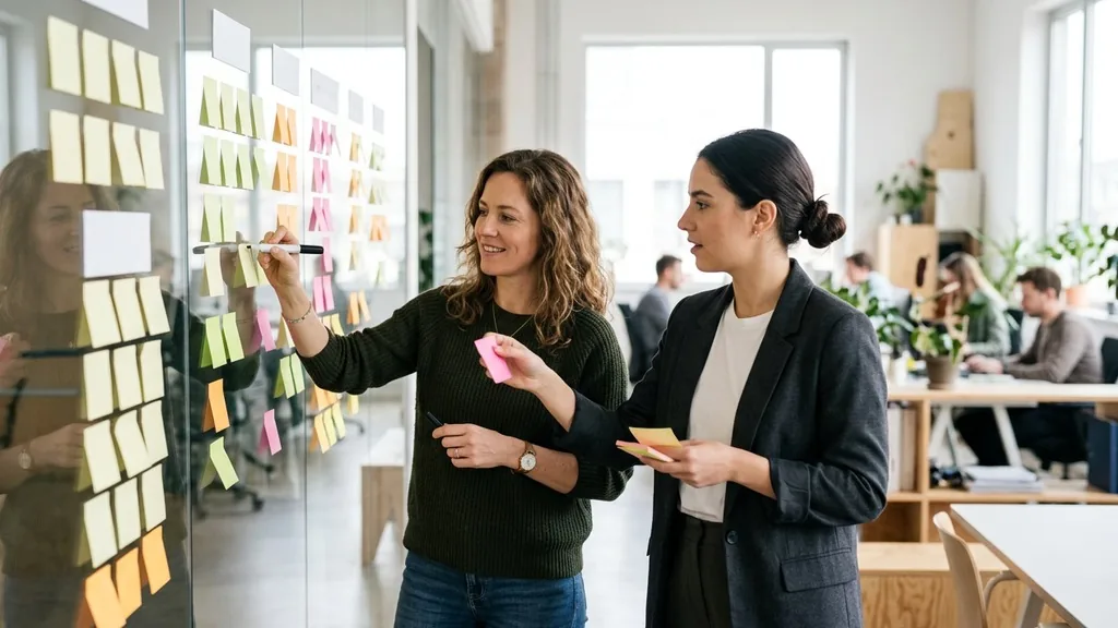 Two marketers arranging blank sticky notes into columns on a glass wall to plan website topics