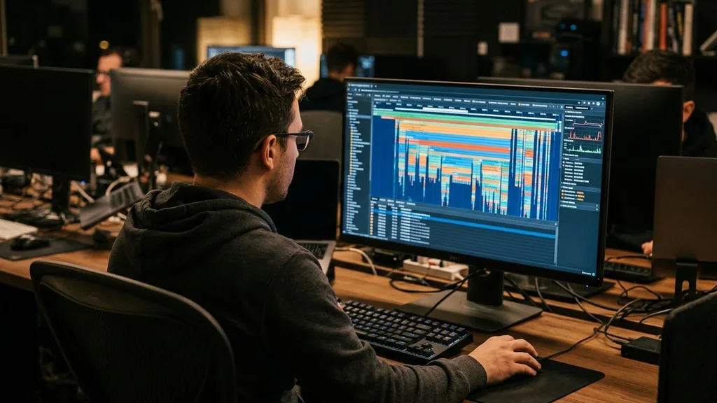 Web developer reviewing a site speed performance chart on a large monitor in a dim office