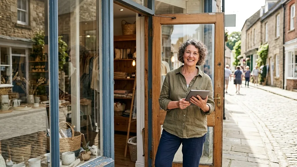 Local business owner standing in the doorway of a small storefront holding a tablet in daylight