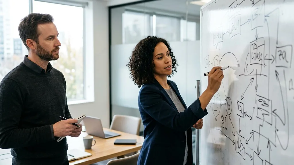 Strategist drawing a diagram of boxes and arrows on a whiteboard while a colleague watches