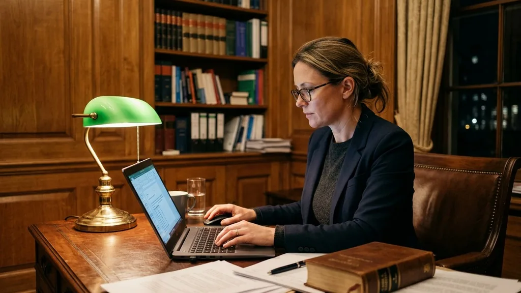 Attorney working at a laptop in a wood-panelled law office beside a closed law book under warm lamp light