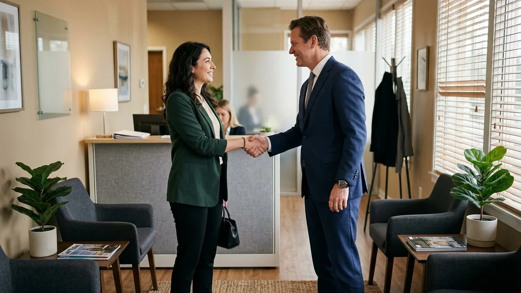 Lawyer greeting a client with a handshake in a small law firm reception area lit by daylight through blinds