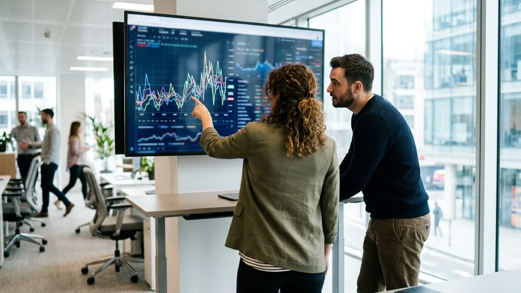 Two marketers reviewing a performance line chart on a large monitor in a bright modern office