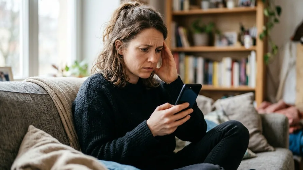 Person searching for legal help on a smartphone while sitting on a sofa at home in natural window light