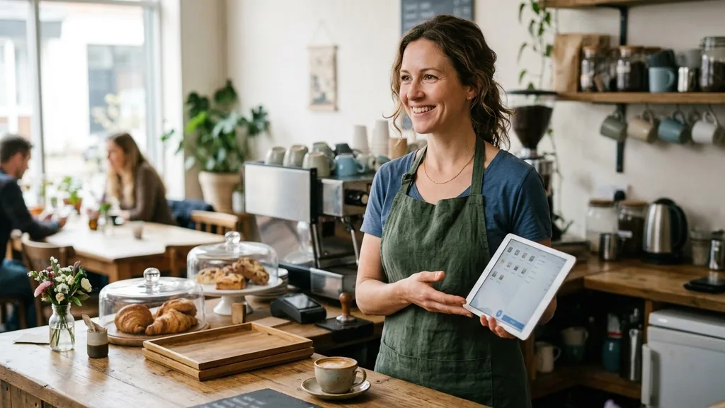 Small business owner standing behind an unbranded cafe counter holding a tablet in warm daylight