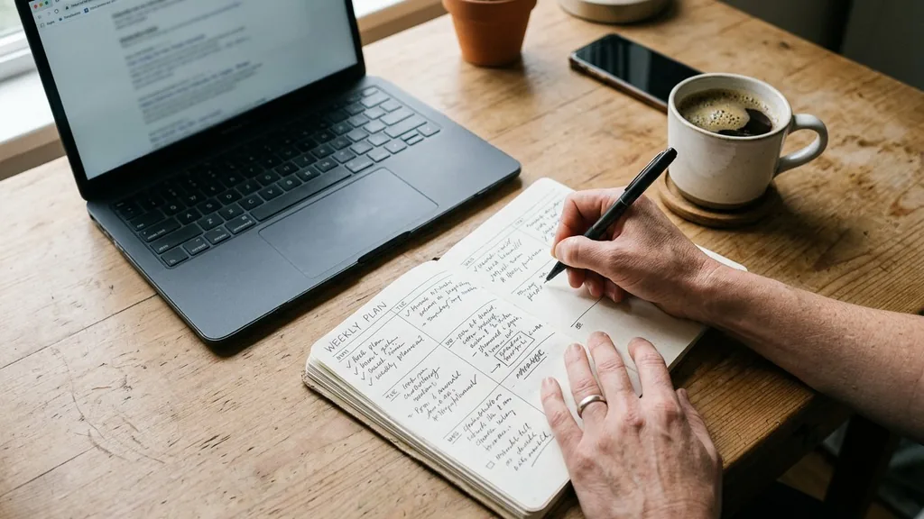 Hands writing a weekly marketing plan in a notebook beside a laptop and coffee cup on a wooden desk