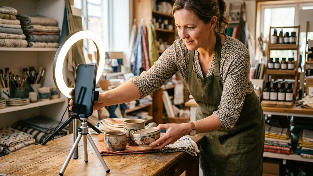 Shop owner filming a product with a tripod-mounted smartphone and ring light on a wooden table