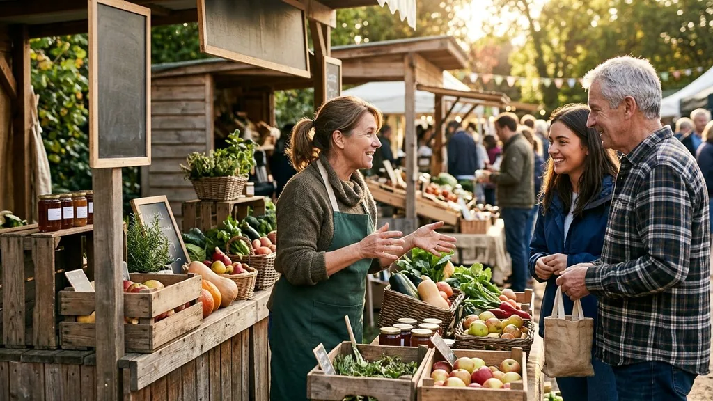 Vendor talking with customers at an outdoor community market stall in late afternoon light