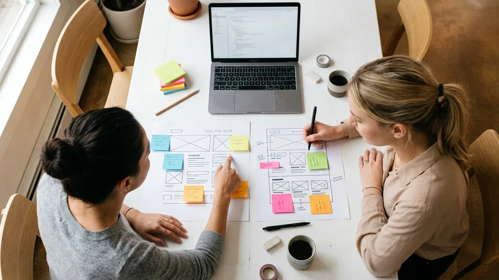 Two designers comparing printed website wireframes side by side on a white desk with sticky notes