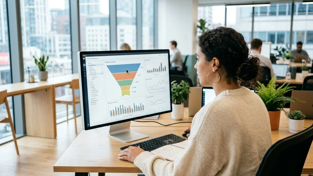 Marketing analyst studying a conversion funnel dashboard on a large monitor in a bright modern office