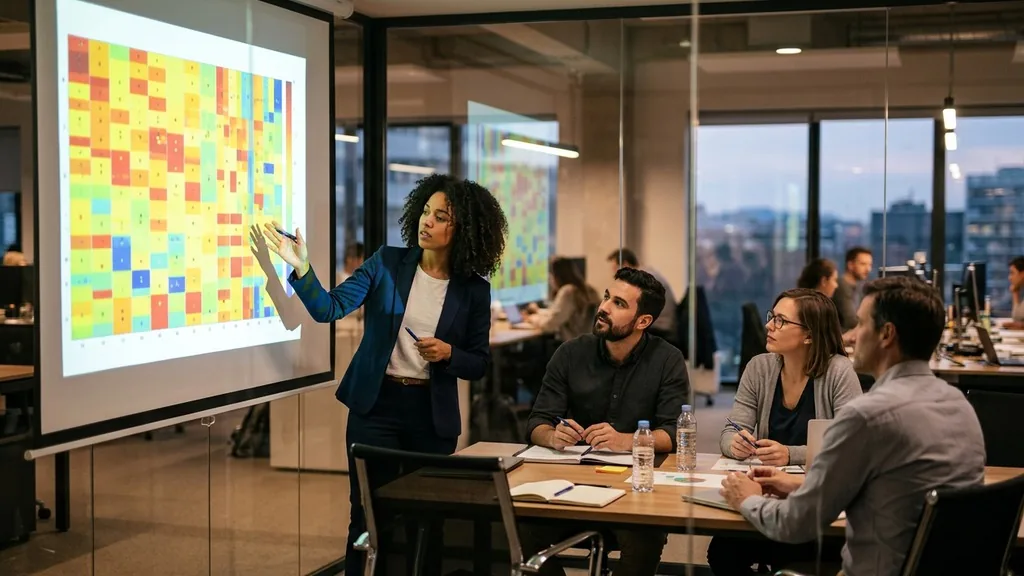 Small team in a glass meeting room reviewing a colourful click heatmap projected on a screen