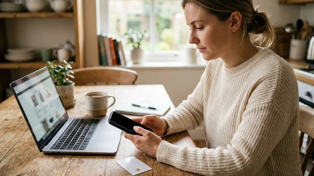 Person shopping online on a smartphone at a kitchen table with a credit card beside them
