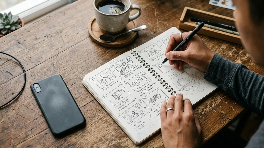 Hands sketching a short-video storyboard in a notebook beside a smartphone and coffee on a wooden desk