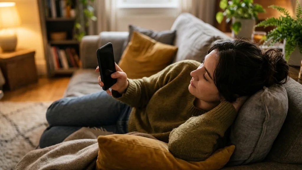 Person scrolling short videos on a smartphone while relaxing on a sofa in warm indoor light