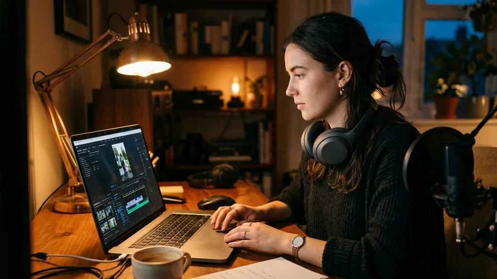 Creator editing a vertical video on a laptop with timeline software under evening desk lamp light