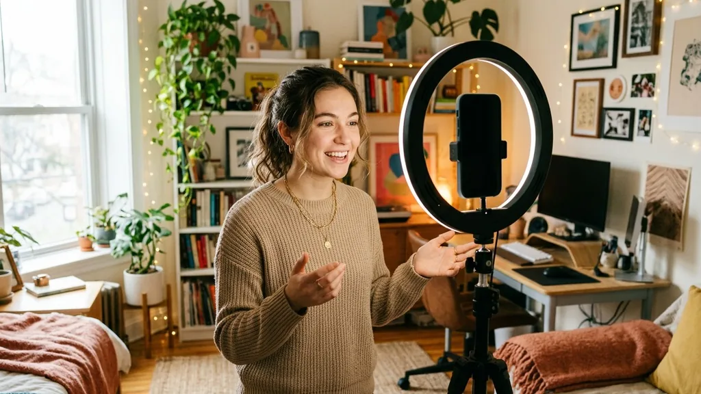 Young creator filming a short vertical video on a tripod-mounted smartphone with a ring light in a small studio