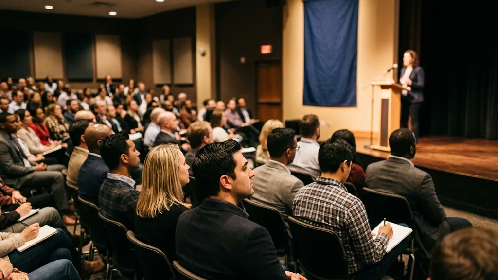 Audience seated at a small business conference facing a plain unbranded stage banner under warm lighting
