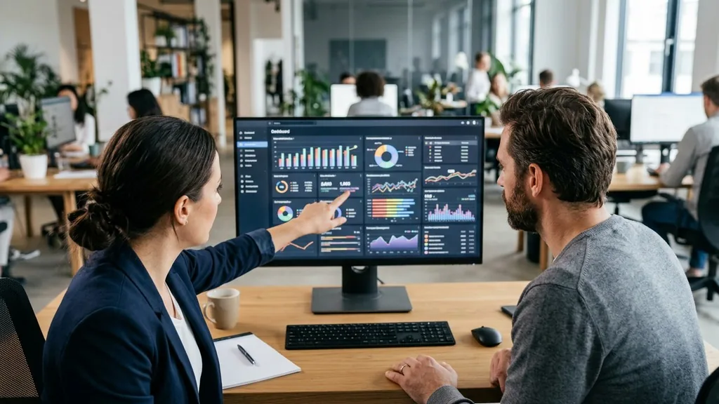 Two colleagues reviewing an analytics dashboard on a large monitor in a modern office