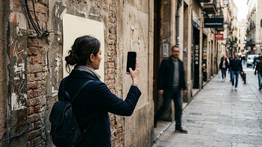 Person holding a smartphone up to a plain printed poster on a city wall in daylight