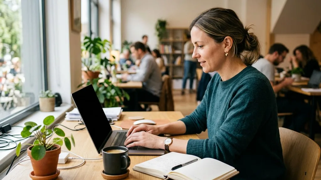 Marketer typing on a laptop at a bright desk with a notebook and coffee cup beside the keyboard