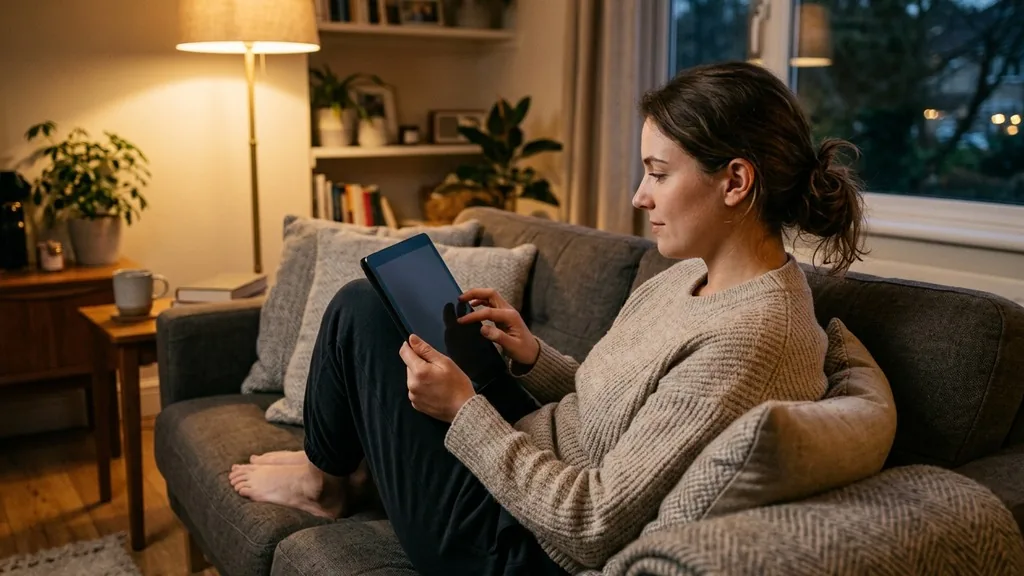 Person using a tablet on a sofa at home in the evening with a lamp glowing behind