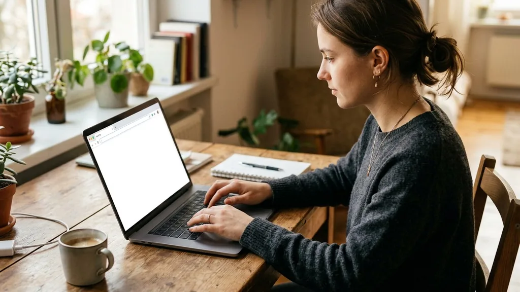 Person about to type into a blank browser window on a laptop at a wooden desk in morning light