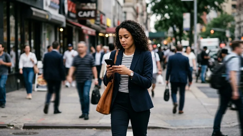 Young professional reading from a smartphone while walking through a city street