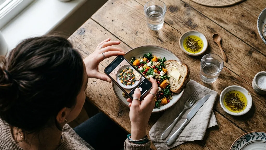 Overhead view of a person photographing a plated dish on a rustic table in natural window light