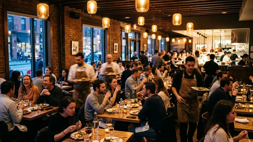 Busy neighbourhood restaurant dining room full of diners at dusk under warm pendant lighting
