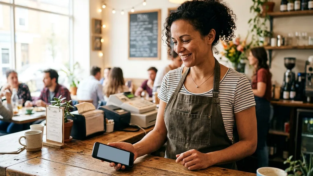 Small restaurant owner in an apron holding a smartphone behind a wooden counter in warm daylight