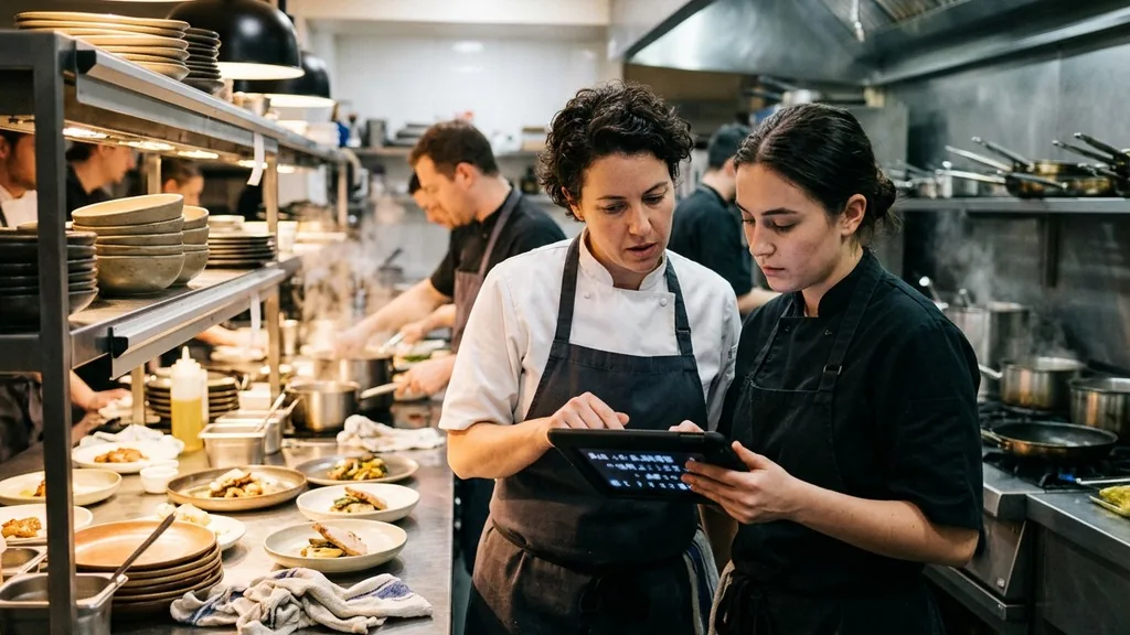 Two restaurant staff members reviewing a tablet screen near the pass in a professional kitchen
