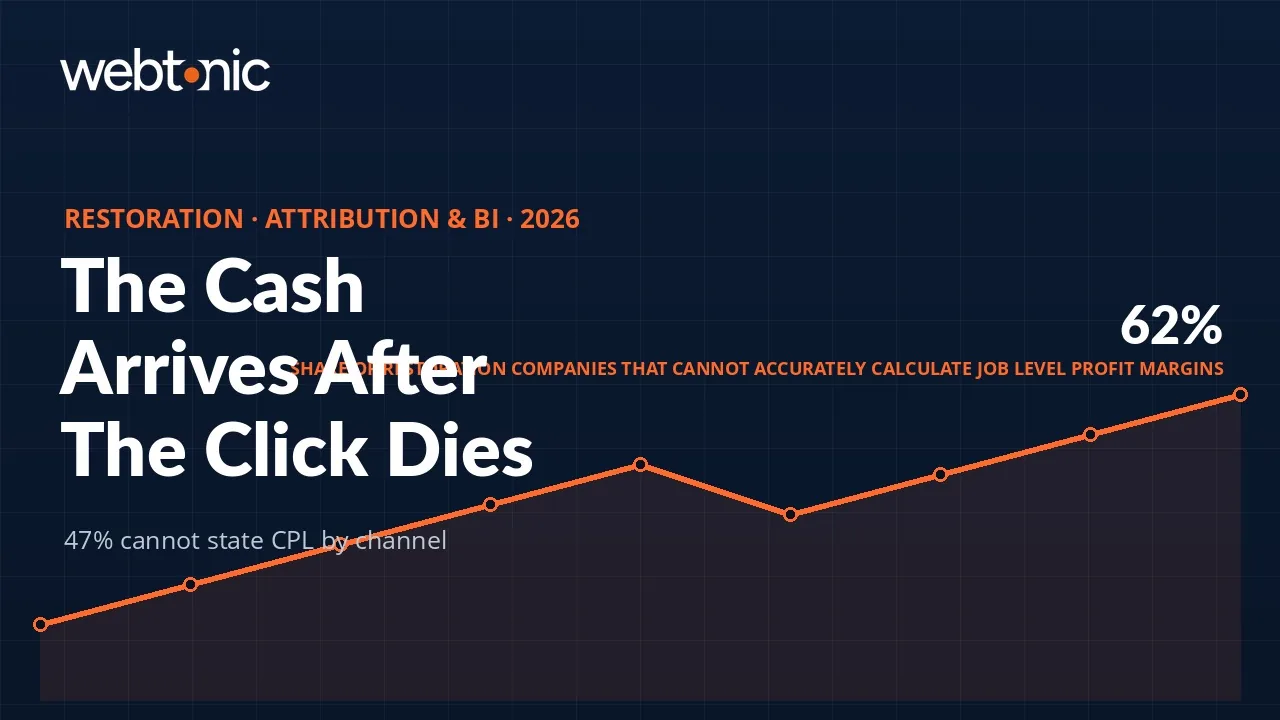 Water damage restoration marketing attribution statistics 2026 thumbnail showing 62 percent of companies unable to calculate job level margins and 47 percent not tracking cost per lead by channel