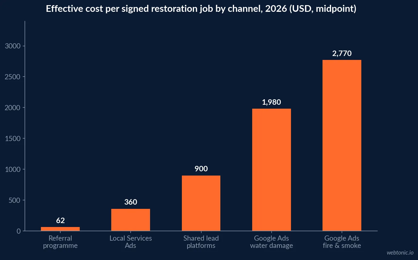 Bar chart comparing effective cost per signed restoration job across referral programmes, Local Services Ads, Google Ads water damage terms and shared lead platforms in 2026