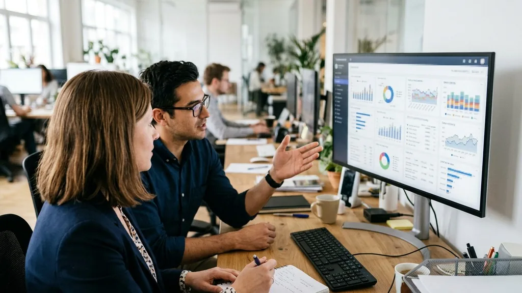 Two colleagues reviewing a performance dashboard on a large monitor in a bright office