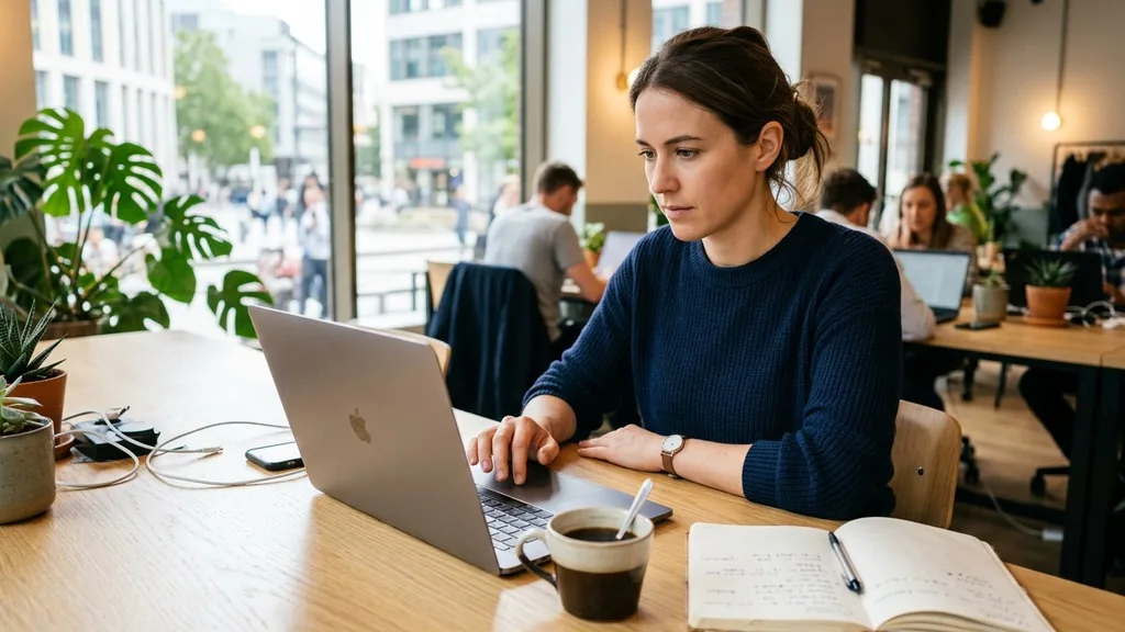 Marketer setting up an advertising campaign on a laptop at a bright modern desk with a notebook and coffee