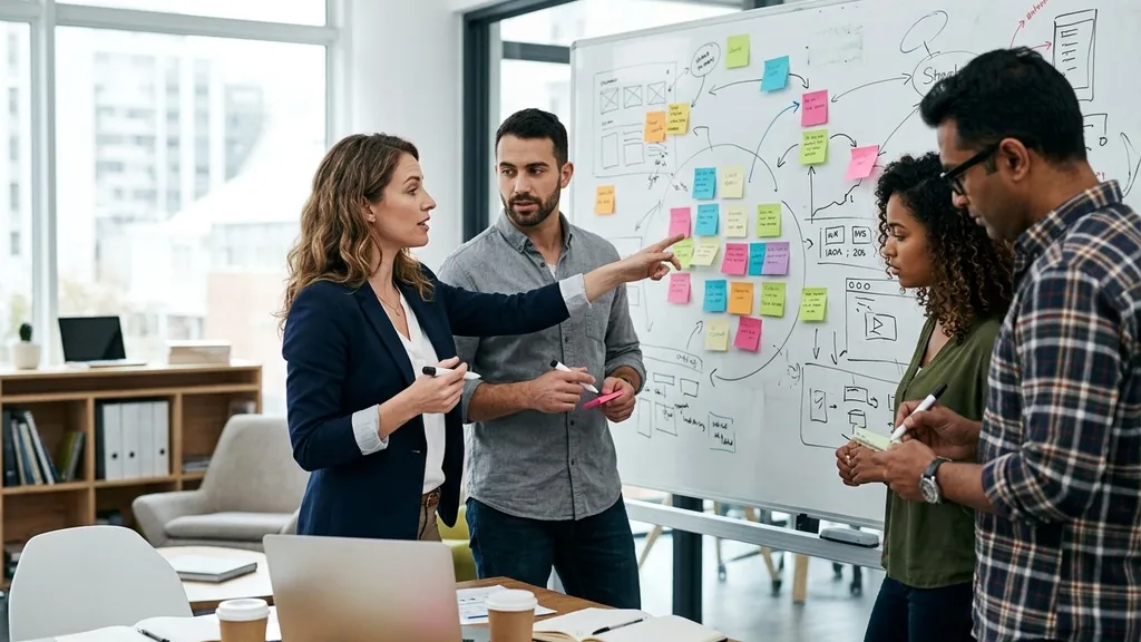 Small marketing team planning keyword themes on a whiteboard covered in sticky notes
