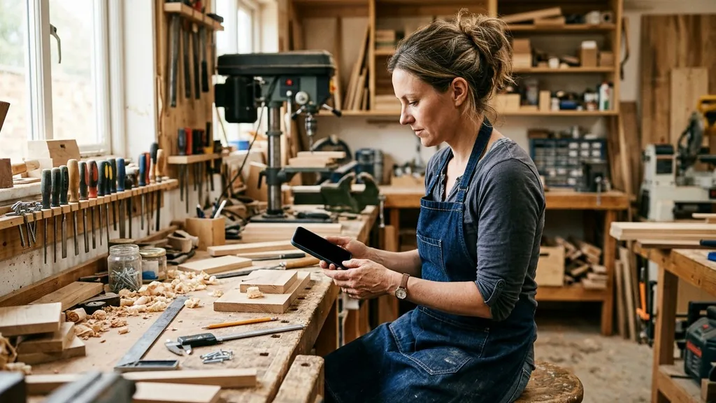 Small business owner in a workshop checking a smartphone during the working day