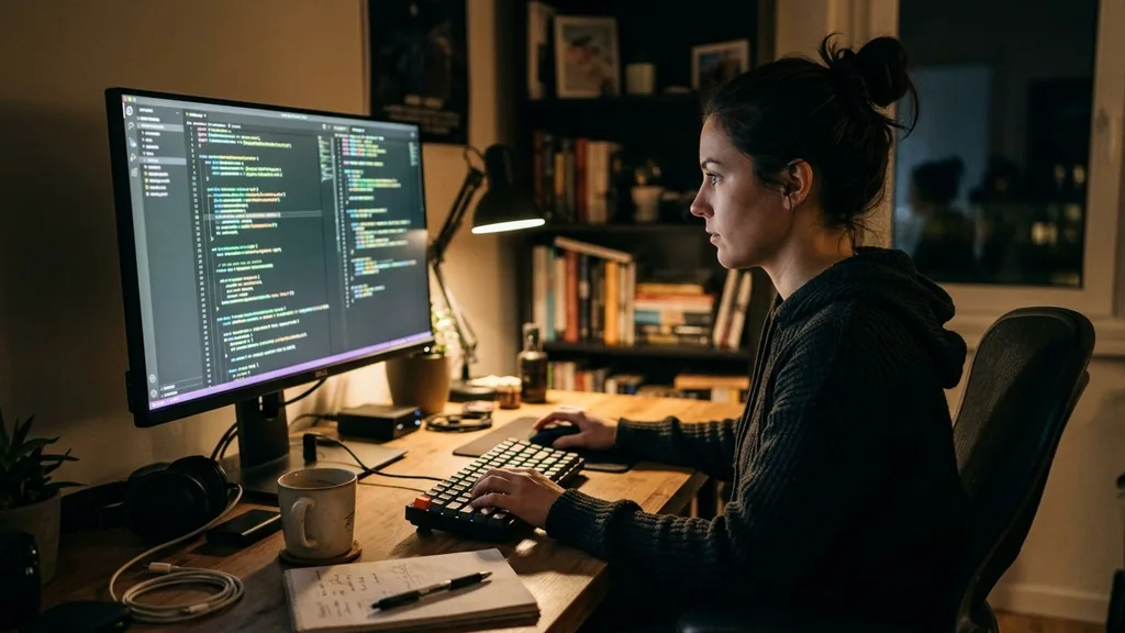 Developer editing website code on a desktop monitor in a dimly lit home office
