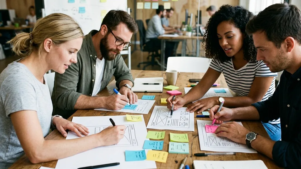 Small product team sketching website wireframes on paper and sticky notes around a table