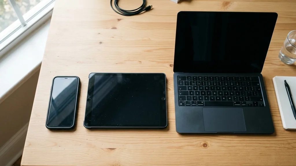 Phone, tablet and laptop lined up on a wooden desk during cross-device website testing