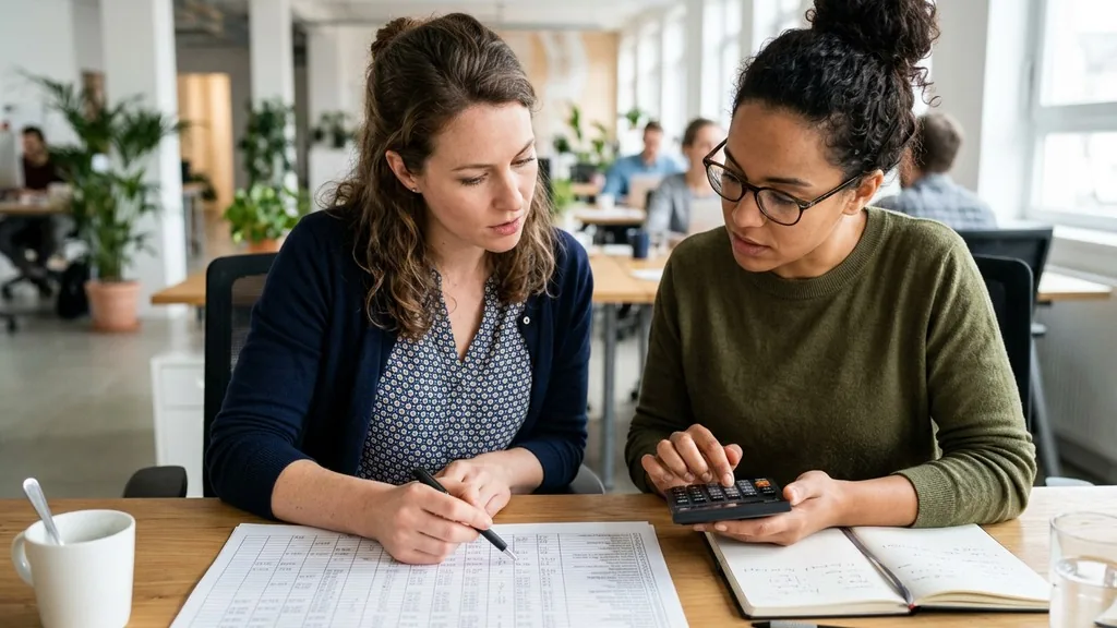 Two colleagues planning an advertising budget with a printed spreadsheet and a calculator