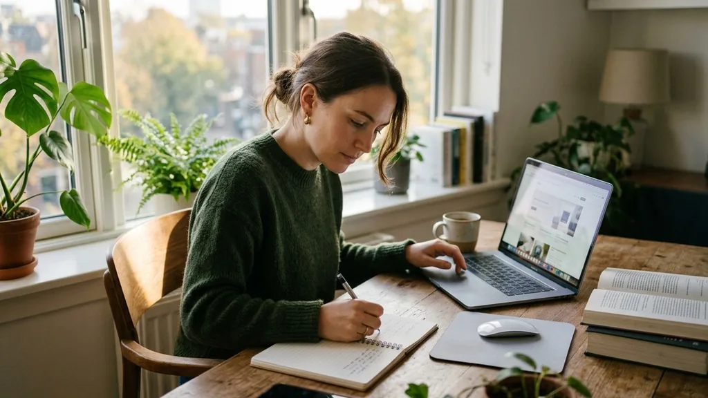 Content writer researching at a tidy desk with a notebook, reference books and a laptop