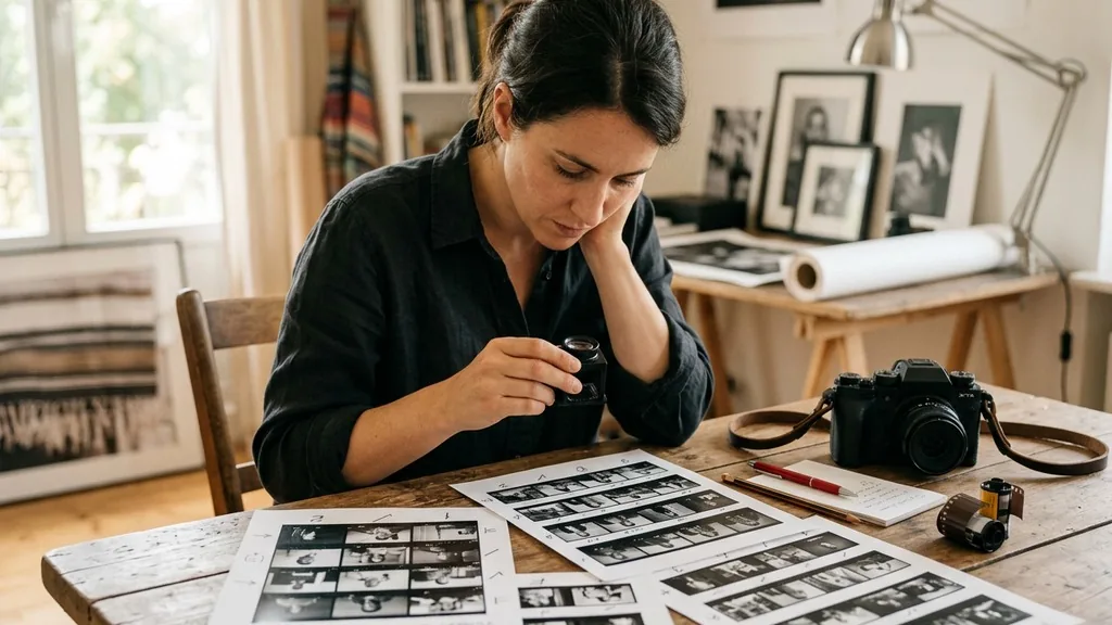 Photographer reviewing printed contact sheets and crop marks beside a camera