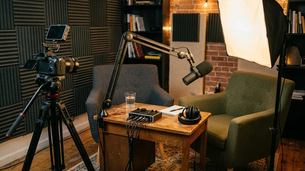 Studio corner set up with microphone and camera for recording long-form interviews