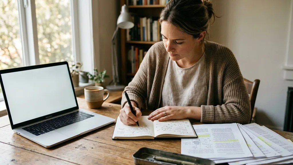 Writer outlining a long article on paper beside an open laptop and research pages