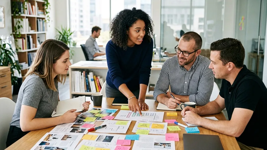 Marketing team reviewing printed cause campaign layouts and sticky notes around a table