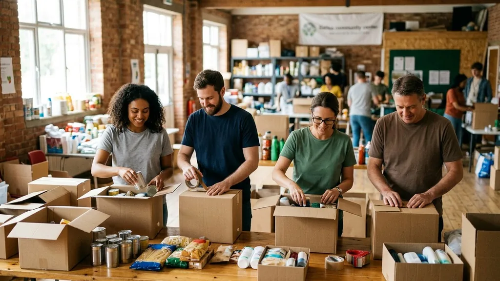Volunteers packing cardboard donation boxes at a long table in a community hall