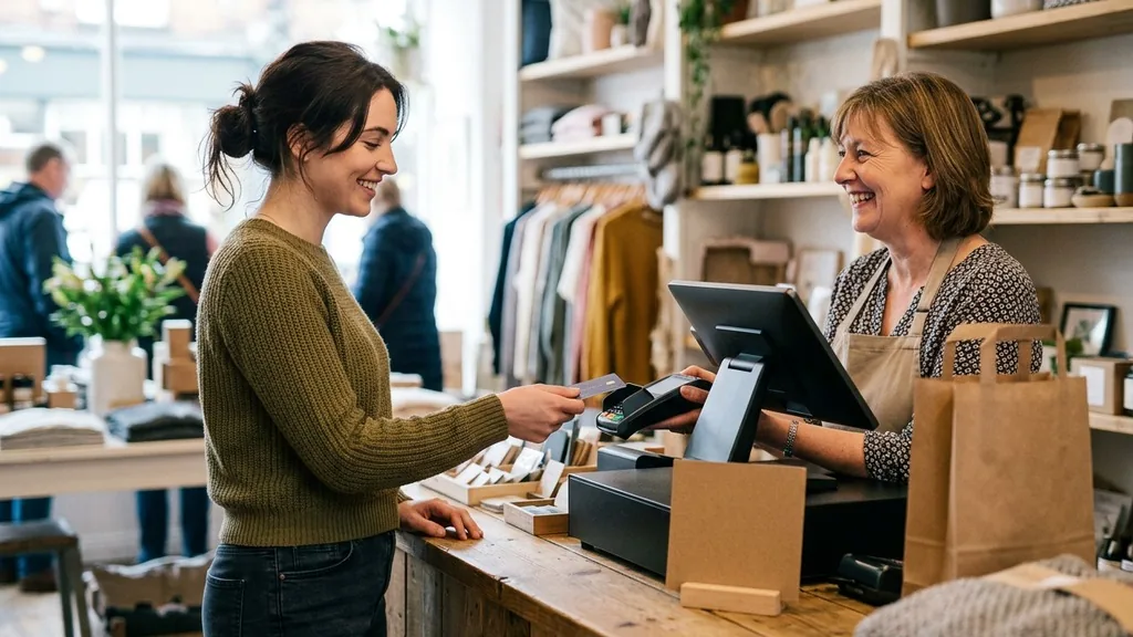 Customer paying at a retail counter beside a small donation sign at the till